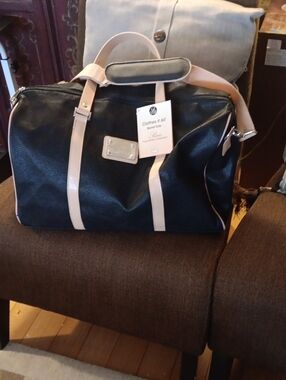 Joy Mangano Brown Black Leather Barrel Tote with Cream Straps